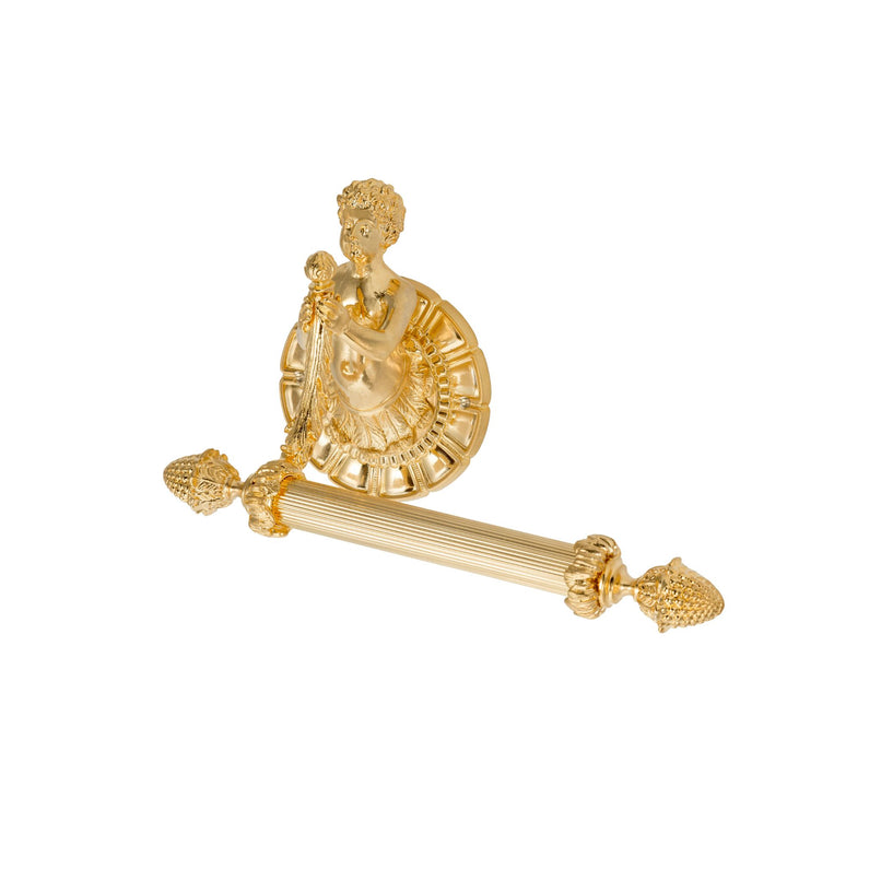 This toilet roll holder is crafted from solid brass and features a decorative cherub motif at its base. The cherub design is raised and textured, with intricate details that add a tactile and artistic element. The holder itself is smooth and sturdy, designed to securely hold a toilet roll with ease. The polished brass finish is cool and sleek to the touch, while the cherub detail provides a classic and elegant feel.