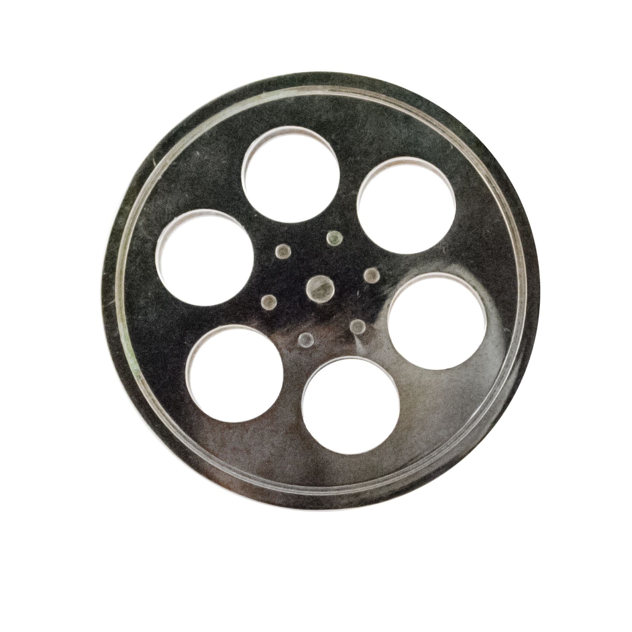 An image of a small brass film reel-shaped knob against a neutral background. The knob features intricate detailing resembling a cinematic film reel, adding a touch of nostalgia and creativity to furniture or drawers.