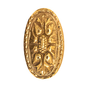 Elongated Decorative Oval Brass Knob with intricate detailing, featuring a polished brass finish and elegant, vintage design.