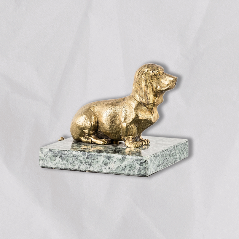 Nana brass basset with green marble base paperweight