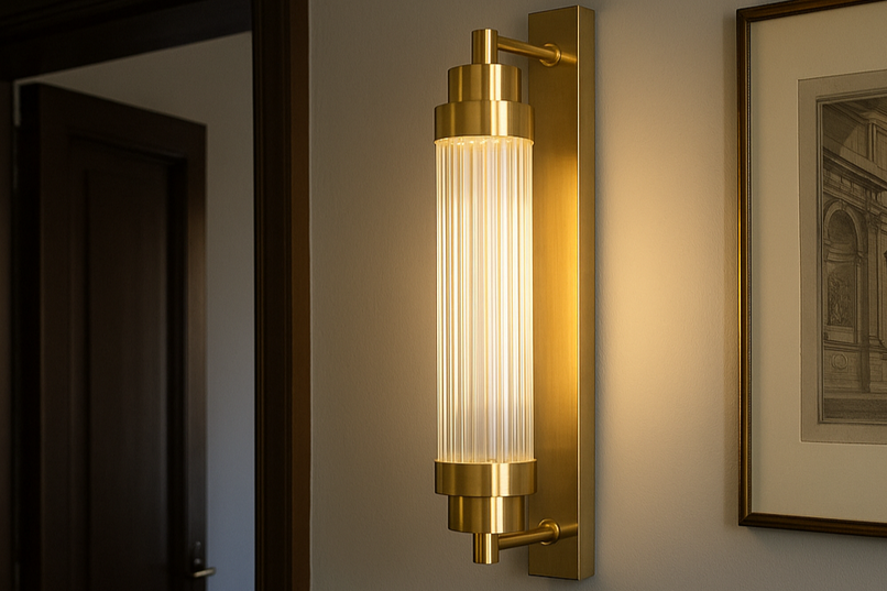 Canneté half cylindrical brass wall light with backplate