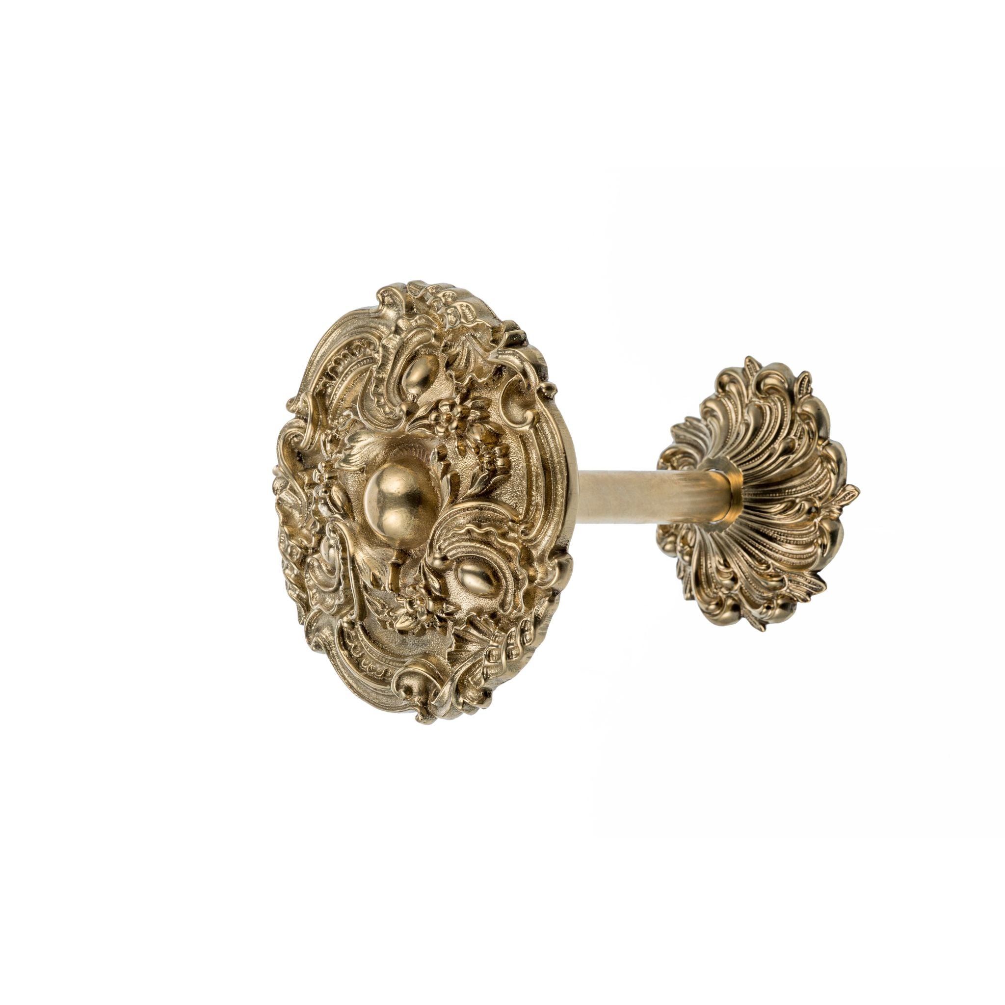 A brass curtain tieback with a decorative design. The tieback has a smooth, polished finish, offering a solid, rounded shape that fits comfortably around curtains. Its surface has subtle, elegant detailing, adding a refined texture that is both pleasing to the touch and visually appealing. This tieback serves as both a functional and decorative accent for enhancing the style of any room.