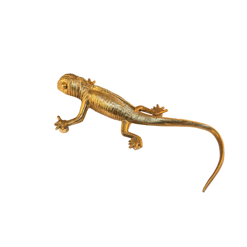 A brass knob shaped like a chameleon.