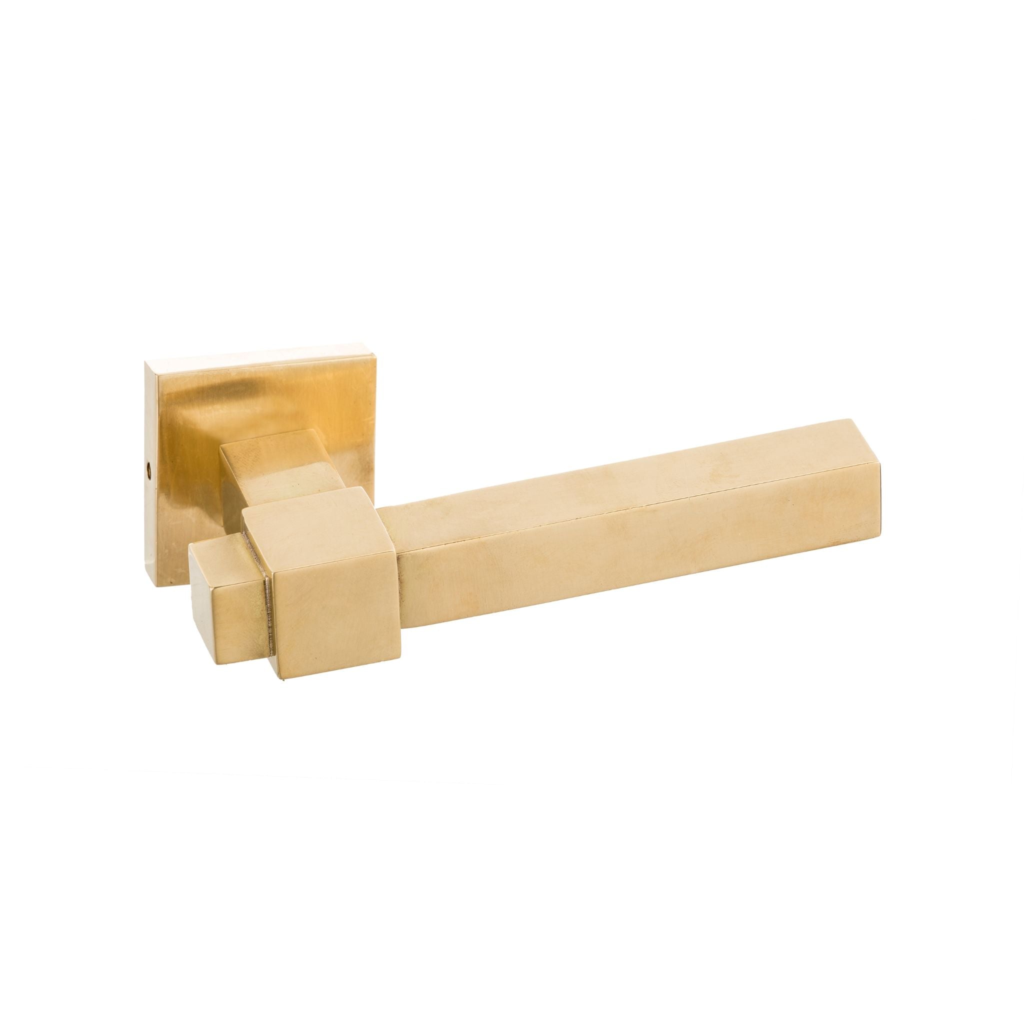 This is a square-shaped door handle made of solid brass, featuring a smooth, polished surface. Its design is clean and modern, with defined edges that give it a bold, elegant look. The brass finish provides a warm, metallic touch, making it a stylish addition to any door. This handle is crafted for durability and offers a comfortable, sturdy grip, enhancing both functionality and decor.