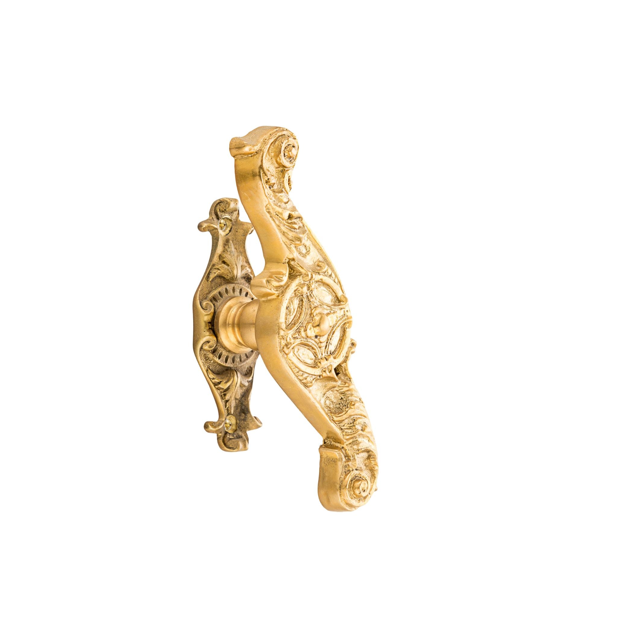 This is a brass window handle with elegant decorative detailing. The handle has a polished, golden-brass finish, smooth and cool to the touch, giving it a refined, luxurious feel. Raised decorative patterns run along the handle, offering a textured design that is intricate and tactile. The ergonomic shape is designed for a comfortable grip, combining beauty with ease of use, perfect for adding a sophisticated touch to any window.