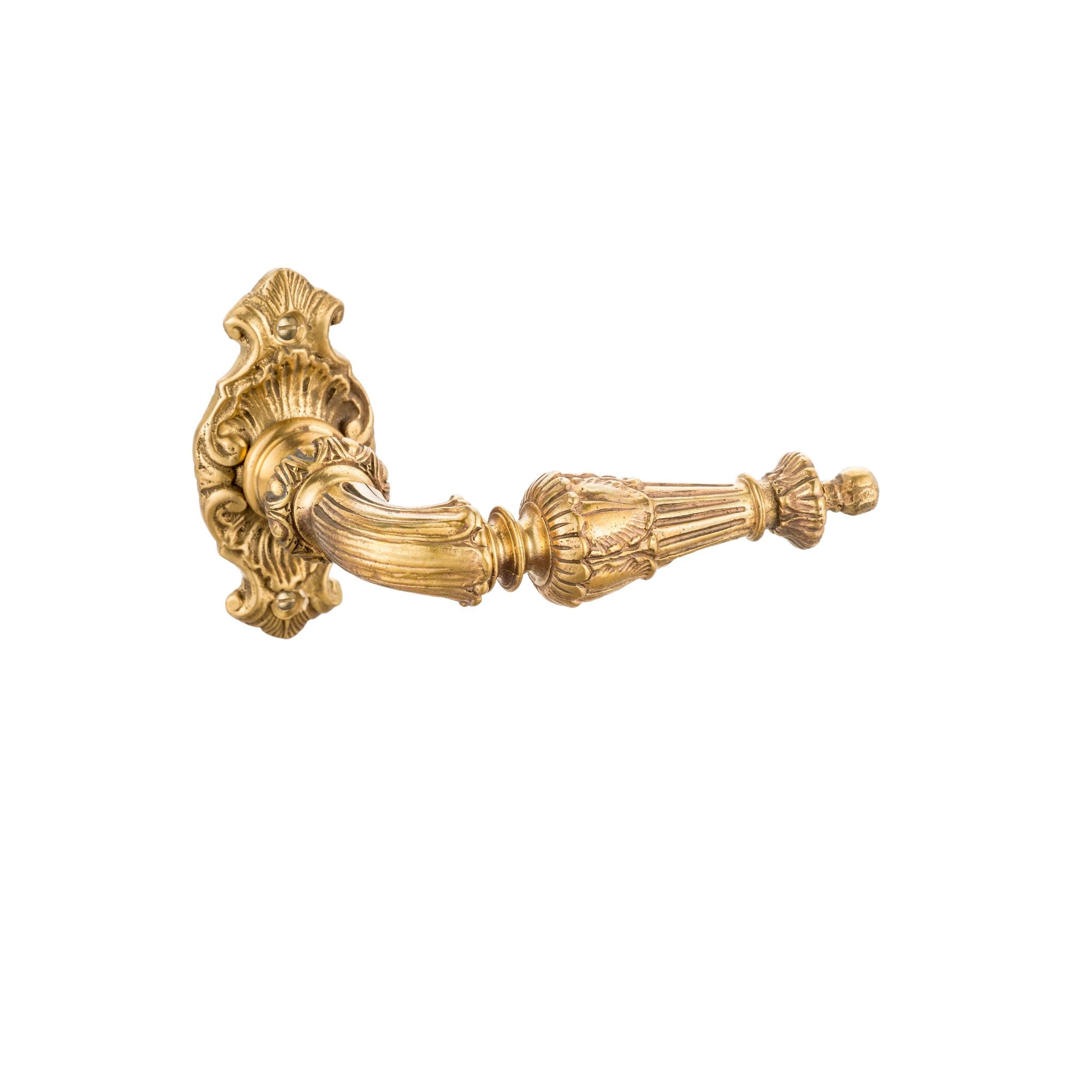 This is a brass door handle adorned with an intricate leaf motif, bringing a touch of nature-inspired elegance. The handle has a smooth, polished brass finish, warm in tone and cool to the touch. Raised leaf patterns along the handle provide a textured, detailed design that can be felt with the fingers. Its ergonomic shape offers a comfortable grip, combining functionality with a refined, organic style, perfect for adding a unique touch to any door.