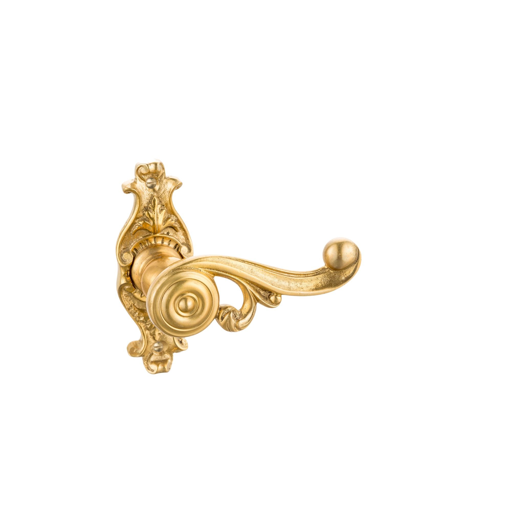 This brass door handle features an elegant leaf design, with intricate, raised detailing that mimics the texture of real leaves. The handle has a smooth, rounded grip that feels comfortable and solid in the hand. The leaf pattern is subtly elevated, allowing fingers to trace the delicate veins and edges, adding a tactile sense of nature. The brass material has a warm, soft golden tone, polished to a slight sheen, bringing a refined yet organic touch to any door.