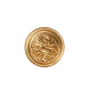 Novecento Manchester Brass Knob: A circular brass knob featuring an intricately engraved cherub, perfect for adding classical elegance to your décor.