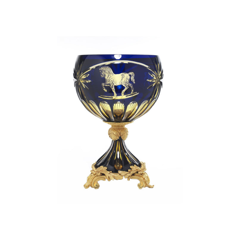 Reggia handgrinded amber and blue crystal round cup with horses