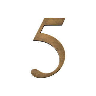 This is a small house number 5, crafted from solid brass. It has a smooth, polished surface with a sleek and elegant finish. The compact size makes it a refined and subtle detail for any home exterior, blending seamlessly with both modern and traditional designs. Its sturdy construction ensures long-lasting durability.