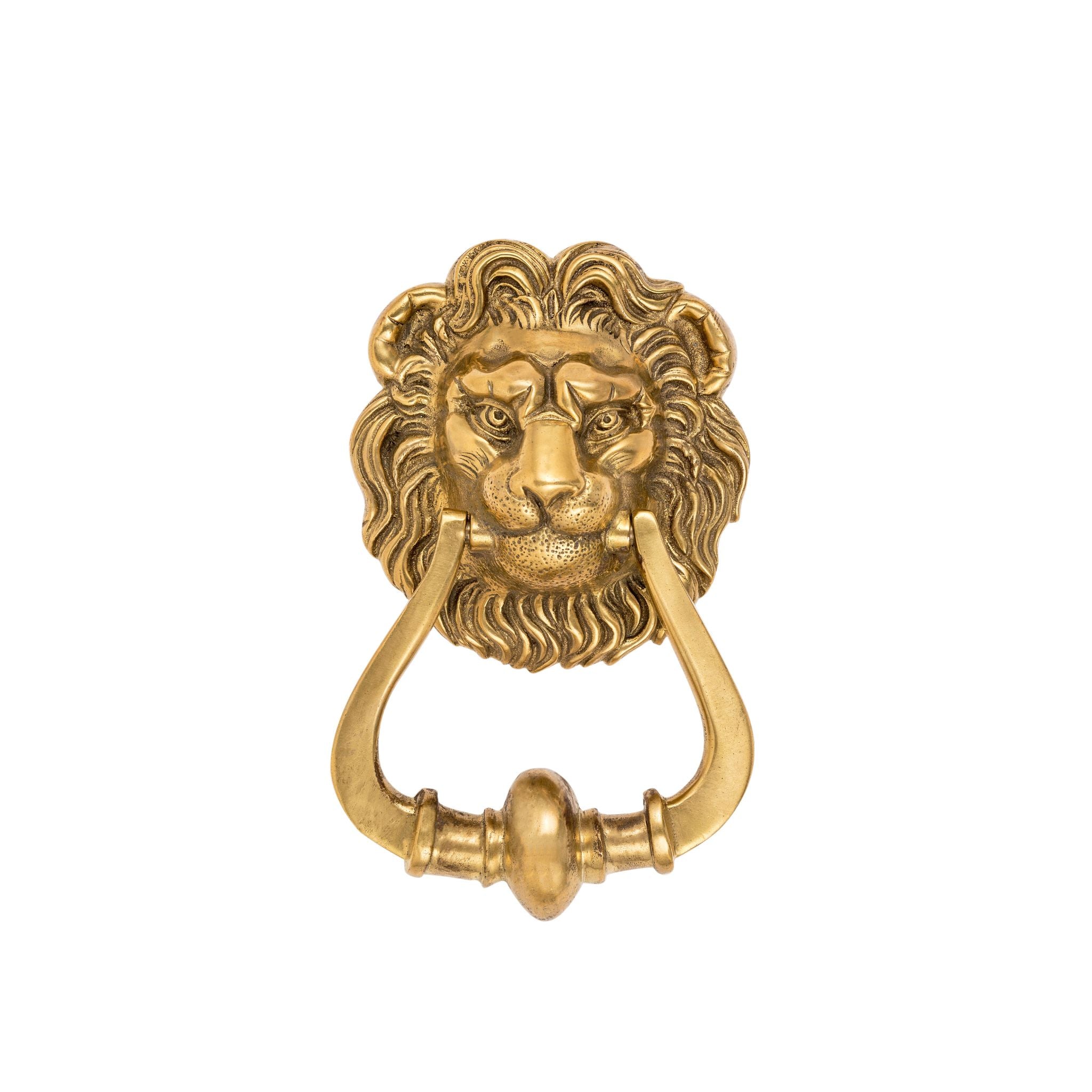 A solid brass door knocker featuring the face of a lion. The lion's design is detailed and lifelike, with a strong, majestic expression, a flowing mane, and carefully crafted features. The knocker ring hangs below the lion's mouth, smooth and sturdy to the touch, making it easy to use. The polished brass surface has a warm, golden finish, adding a regal and timeless look to any door.