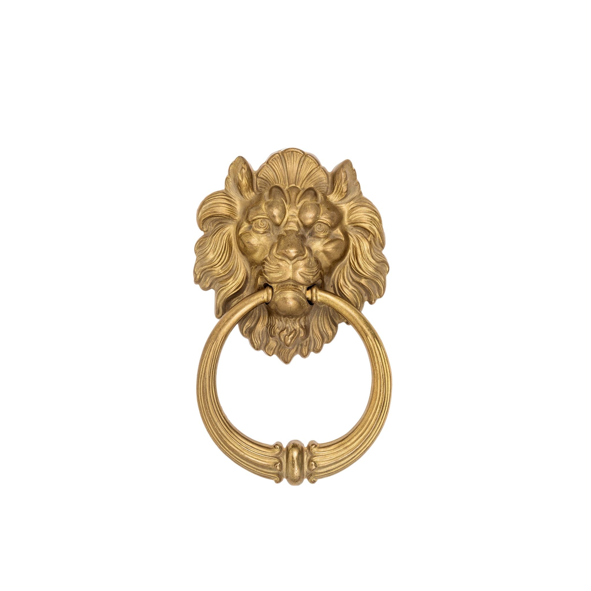 A solid brass door knocker shaped like a lion's head. The lion has a bold and regal expression, with finely detailed features including a textured mane and fierce yet elegant eyes. A sturdy, rounded knocker ring hangs from the lion's mouth, smooth to the touch and easy to use. The polished brass surface has a warm, golden shine, adding a powerful and timeless statement to any door.