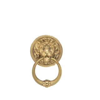 A solid brass door knocker shaped like a lion's head. The lion's face is intricately detailed, with a powerful expression, strong features, and a flowing mane. A smooth, sturdy knocker ring hangs from the lion's mouth, designed for easy use. The polished brass finish gives it a warm, golden tone, adding elegance and a regal presence to any front door.