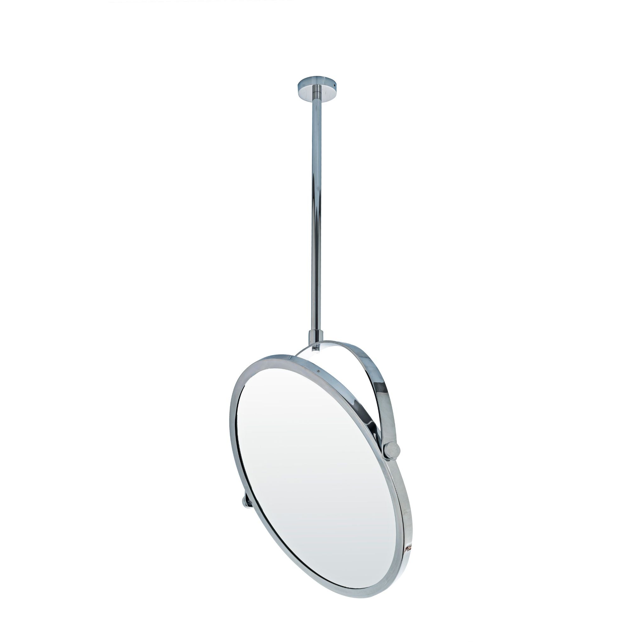 An adjustable mirror with a round shape and a solid brass frame. The mirror is mounted on a sturdy, extendable brass arm, allowing easy positioning and flexibility. The brass has a polished finish, giving it a warm, luxurious appearance, ideal for bathrooms or dressing areas.