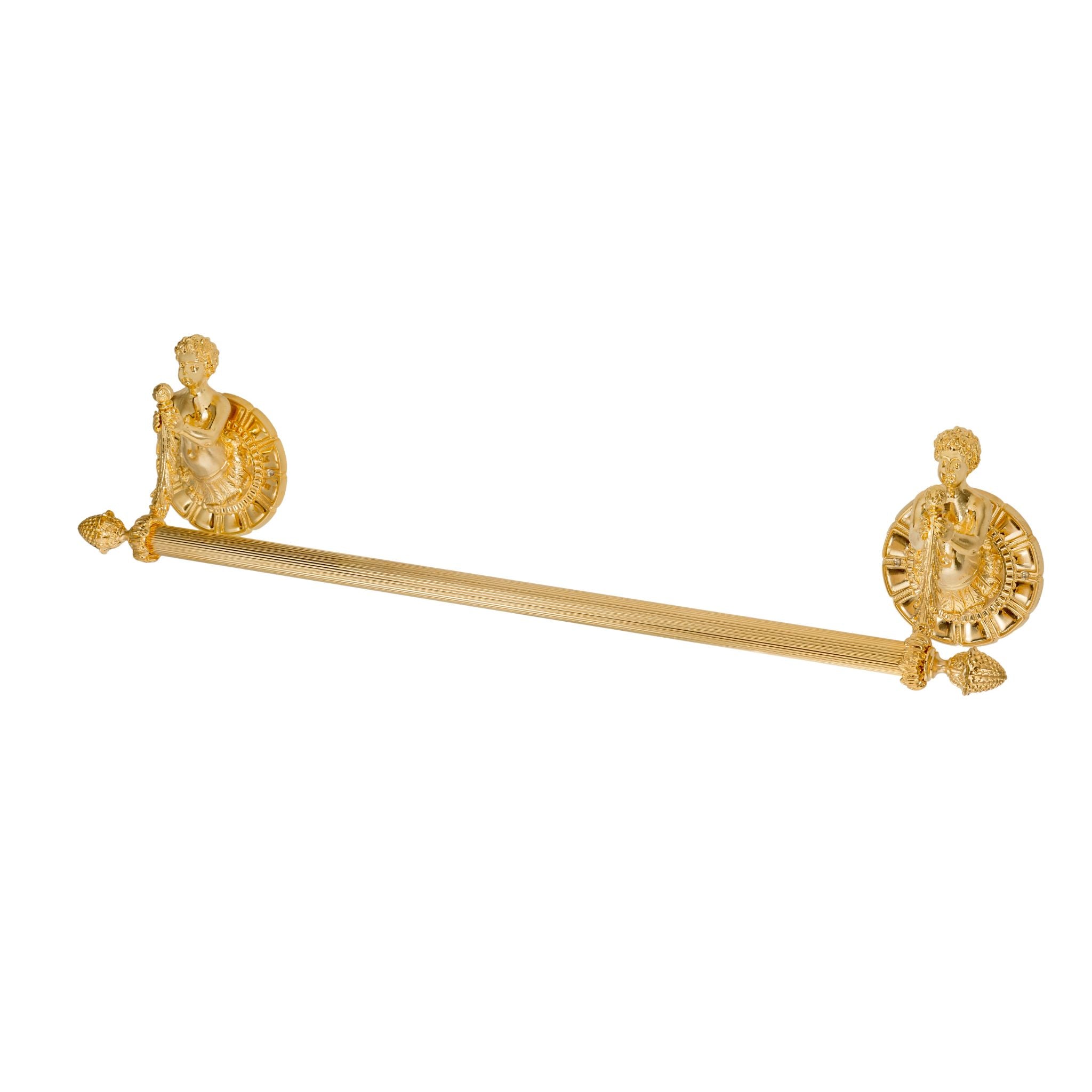 A brass towel holder adorned with detailed cherub (putti) motifs, showcasing intricate craftsmanship and classical elegance. The sturdy design ensures durability while the artistic details add a touch of sophistication. Handcrafted in Italy, it complements traditional and refined bathroom styles.