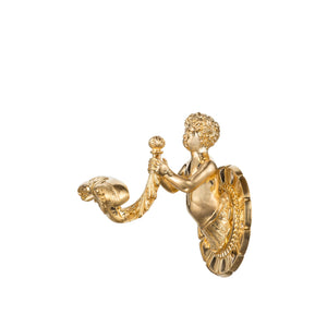 This hook is crafted from solid brass and features an intricately detailed cherub motif at the top. The cherub design is raised and textured, with fine details that offer a tactile and artistic element. The hook itself is smooth and sturdy, designed to securely hold items like towels, robes, or accessories. The polished brass finish is cool to the touch, adding a sense of elegance and durability. The combination of the sleek hook and the intricate cherub detail makes it a functional and decorative accessory