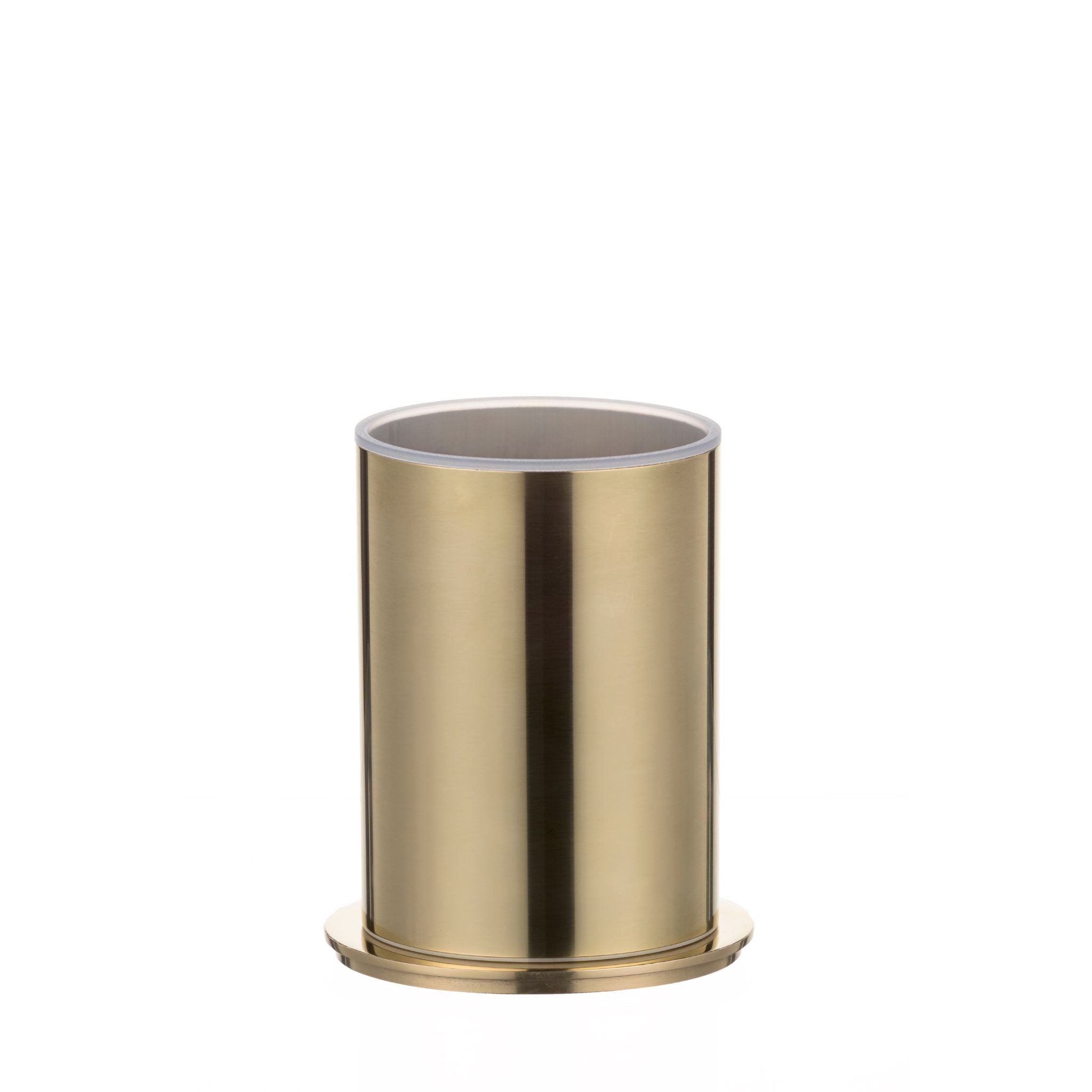 This is an oval-shaped toothbrush holder made of solid brass. The surface is smooth and polished, giving it a shiny, reflective finish. Its design is simple yet elegant, with a sturdy base for stability. The holder has a classic and timeless look, perfect for adding sophistication to any bathroom setting.