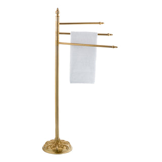 A freestanding towel rack with a solid base and vertical bars for hanging towels. Made of high-quality brass with a smooth, polished finish, it offers a sturdy and elegant solution for organizing towels in any bathroom.