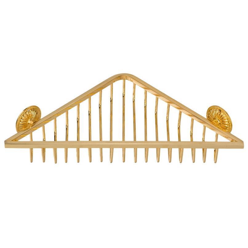 This shower basket is made entirely of brass, featuring a rectangular open-frame design with smooth, rounded edges and a polished golden finish. The structure is sturdy and rust-resistant, with slotted openings to allow water to drain easily, keeping items dry. Its spacious interior is perfect for holding bottles, soaps, and other shower essentials, combining practicality with a luxurious look.
