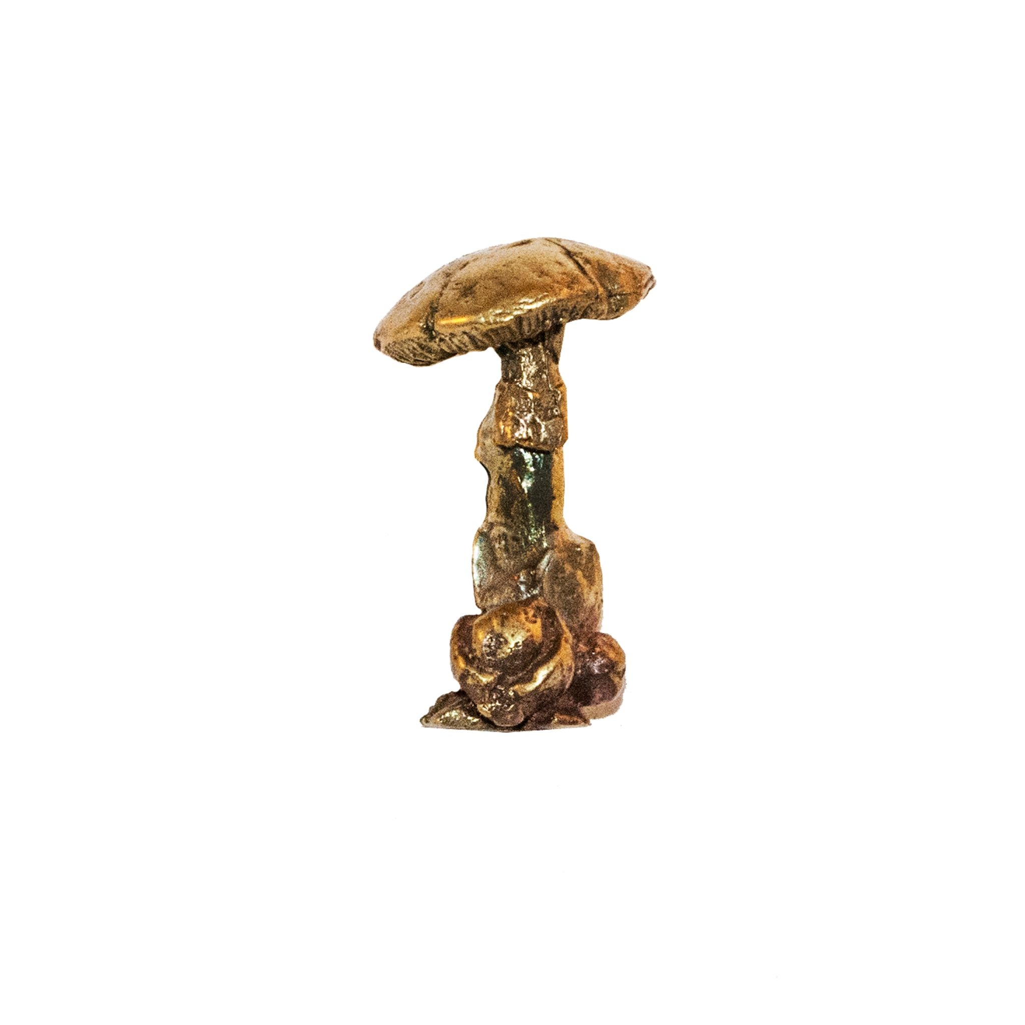 A brass knob shaped like an elongated mushroom.