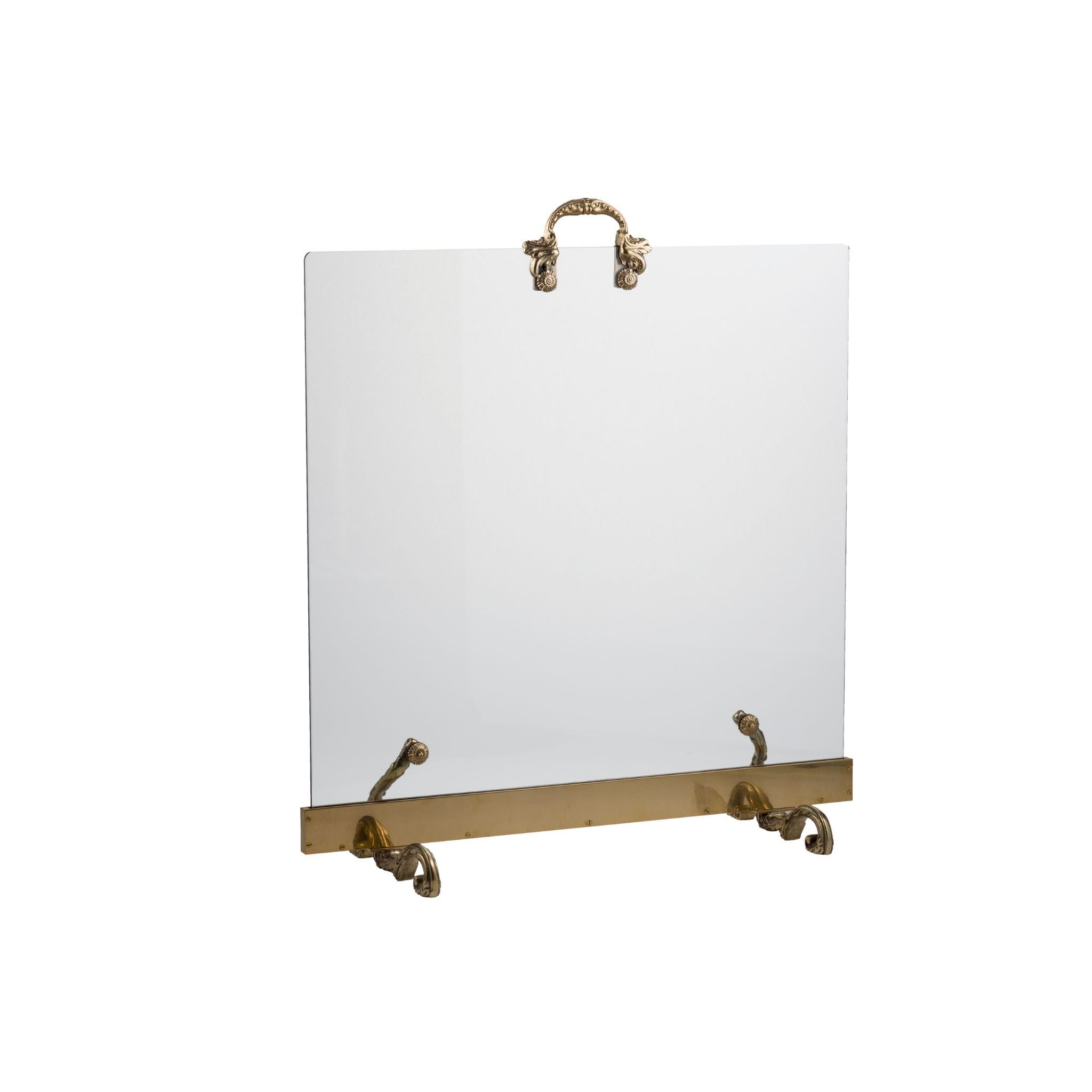 This firescreen features a robust brass frame with a warm, golden finish and a smooth, polished surface. The centerpiece is made of tempered glass, which is clear, glossy, and highly resistant to heat and impact. The design is sleek and modern, with clean lines and a minimalist aesthetic. The tempered glass allows a full view of the fireplace flames, creating a sense of warmth and ambiance, while the brass frame adds a touch of luxury. 