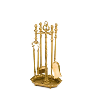 This fireplace tool set is made of solid brass, featuring a warm, golden tone with a smooth, polished finish. The set includes essential tools such as a poker, tongs, a shovel, and a brush, all designed for ease of use and durability. Each tool has a matching brass handle, offering a comfortable grip and a cohesive, elegant appearance. The stand is also crafted from brass, with a sturdy base that provides stability and a sleek design that complements both classic and modern fireplace settings. 