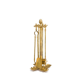 This is a set of brass fireplace tools featuring a delicate leaf design. The set includes essential tools such as a poker, brush, shovel, and tongs, all crafted from high-quality brass. The tools have a smooth, polished surface with intricate leaf patterns, adding a decorative touch. The handles are sturdy and comfortable to hold, designed for both practicality and elegance.