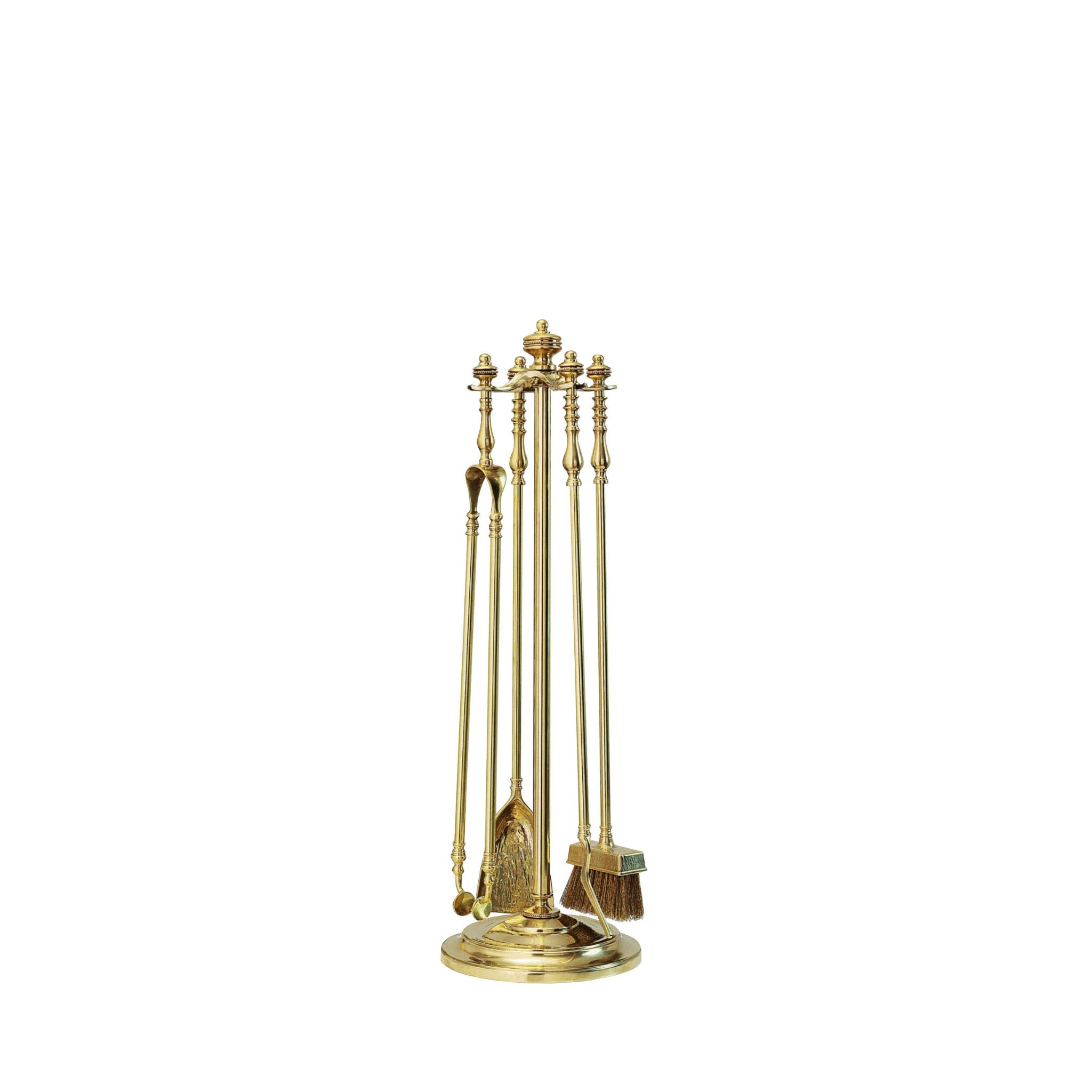 This is a set of high-quality brass fireplace tools designed for both functionality and style. The set includes a poker, brush, shovel, and tongs, each with a smooth, polished brass finish. The tools feature sturdy handles that are easy to grip, ensuring comfortable and efficient use. The elegant brass material adds a classic, luxurious touch, making this set a practical and decorative addition to any fireplace.