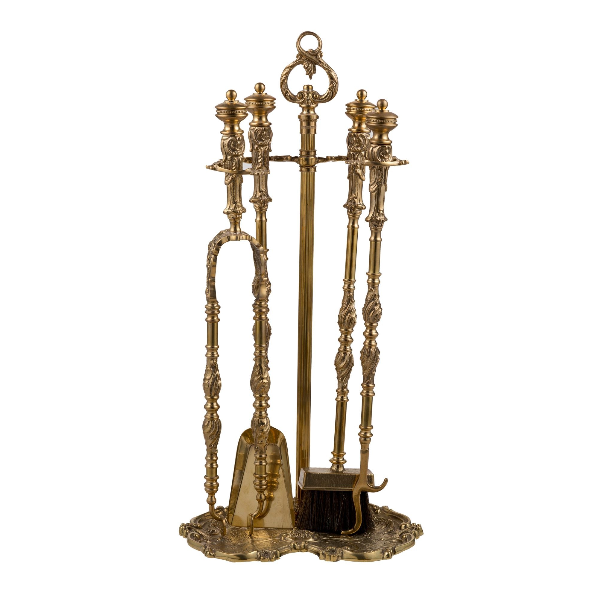 Our brass fireplace tool set is a handcrafted collection designed to bring both beauty and utility to your home. The set includes essential tools such as a poker, brush, tongs, and shovel, all made from sturdy, polished brass with a timeless design. The tools have a smooth, slightly cool touch with rounded edges for safety. The set stands upright in a matching brass holder with a firm base for stability. It’s not just functional but also a sophisticated addition to any fireplace.