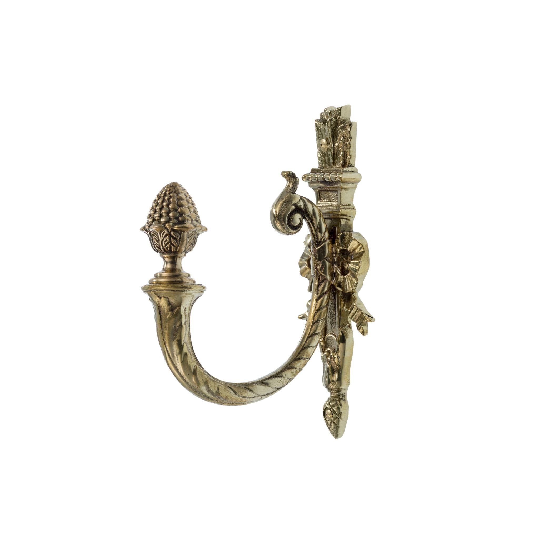 This curtain tieback is crafted from solid brass and decorated with a detailed pinecone motif at the end. The brass material has a smooth, polished finish, offering a warm, sturdy feel in the hand. The pinecone adds a touch of nature-inspired elegance, blending classic and organic design. This tieback is both functional and decorative, adding a refined, natural accent to any room.