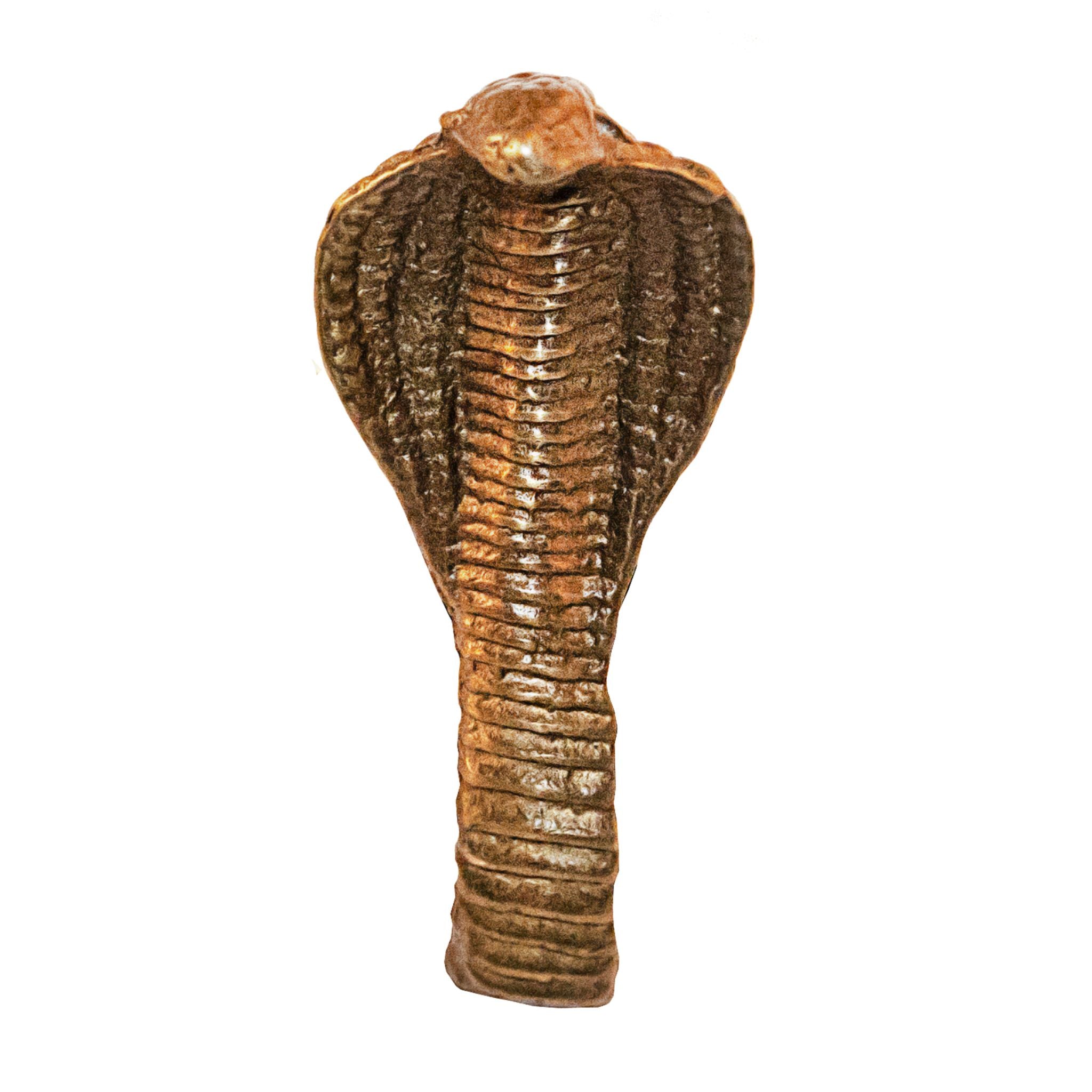 A brass knob shaped like a cobra head.