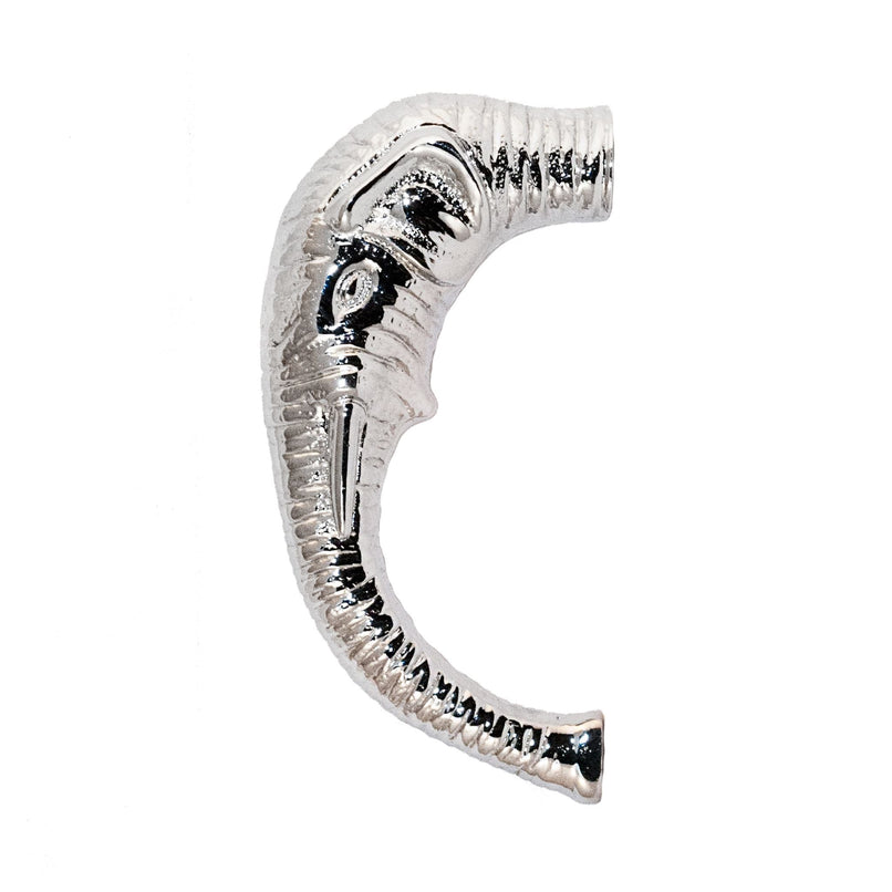 An image of a brass elephant trunk-shaped knob against a neutral background. The knob features intricate detailing resembling an elephant