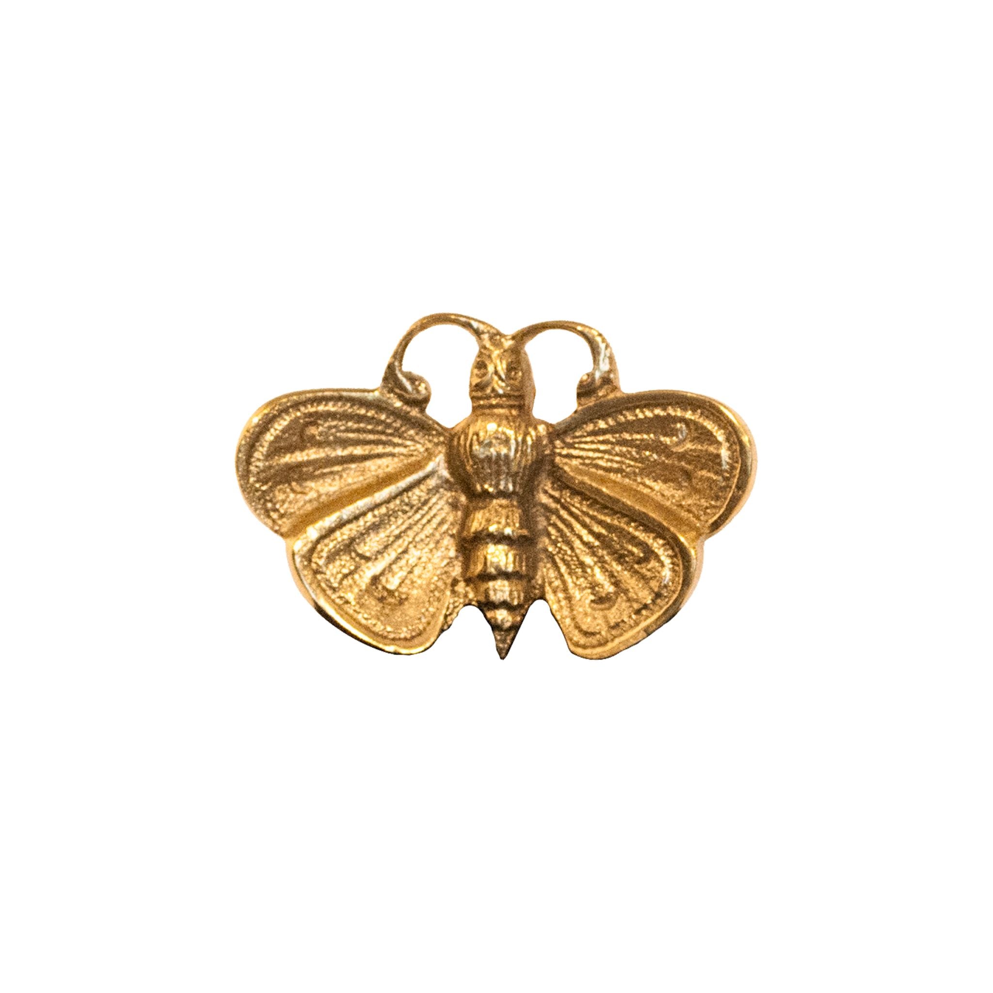 An image of a medium-sized brass butterfly-shaped knob against a neutral background. The knob is intricately designed with detailed butterfly wings, adding a touch of elegance and charm to furniture or drawers.
