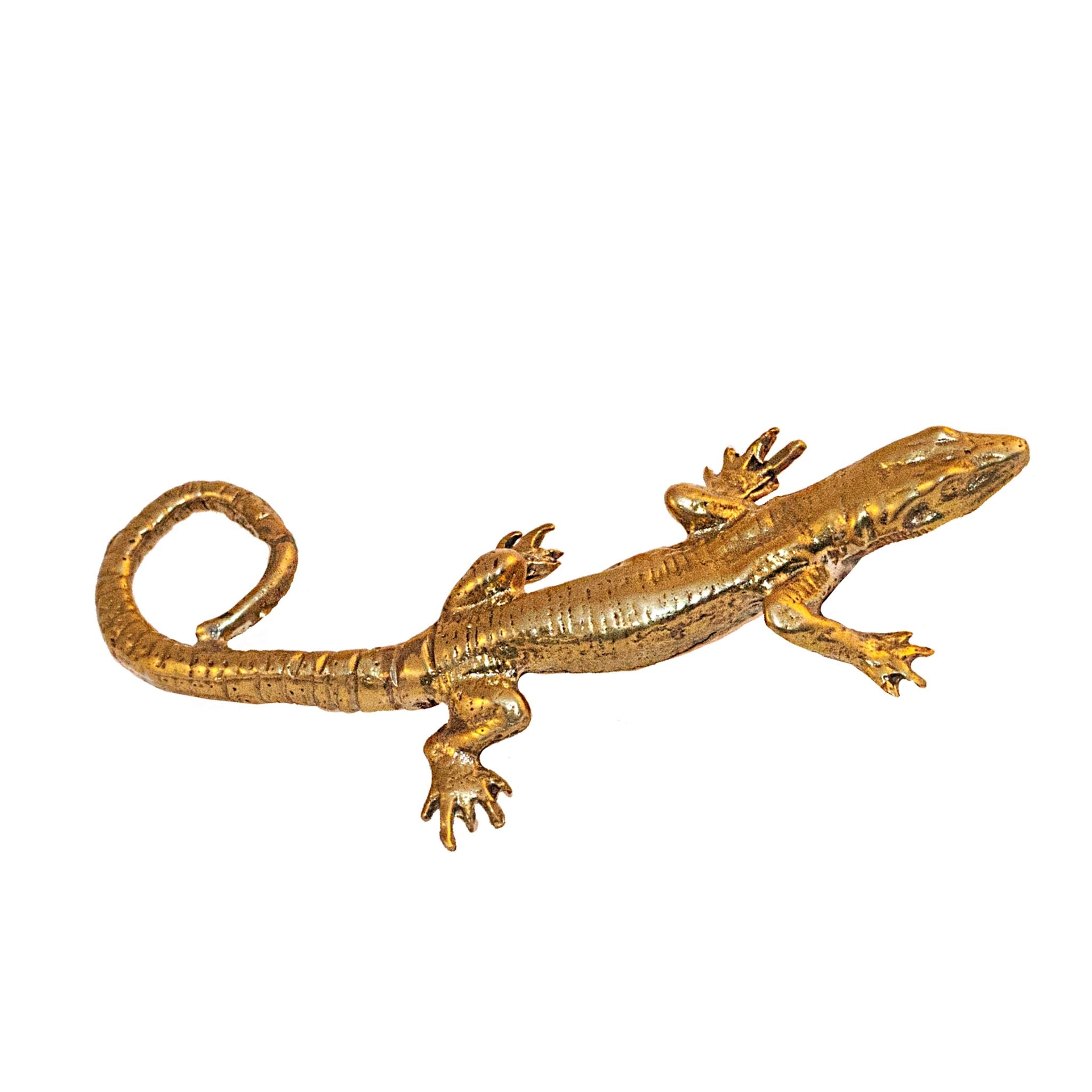A small brass knob shaped like a lizard, featuring detailed craftsmanship.