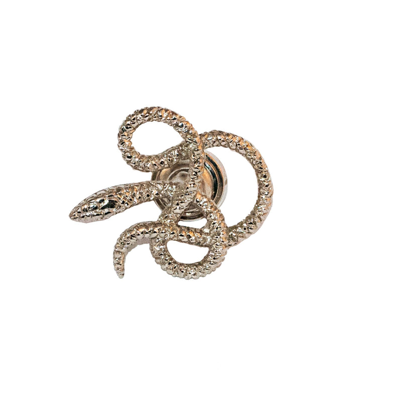 A brass knob shaped like a snake, designed with detailed features.