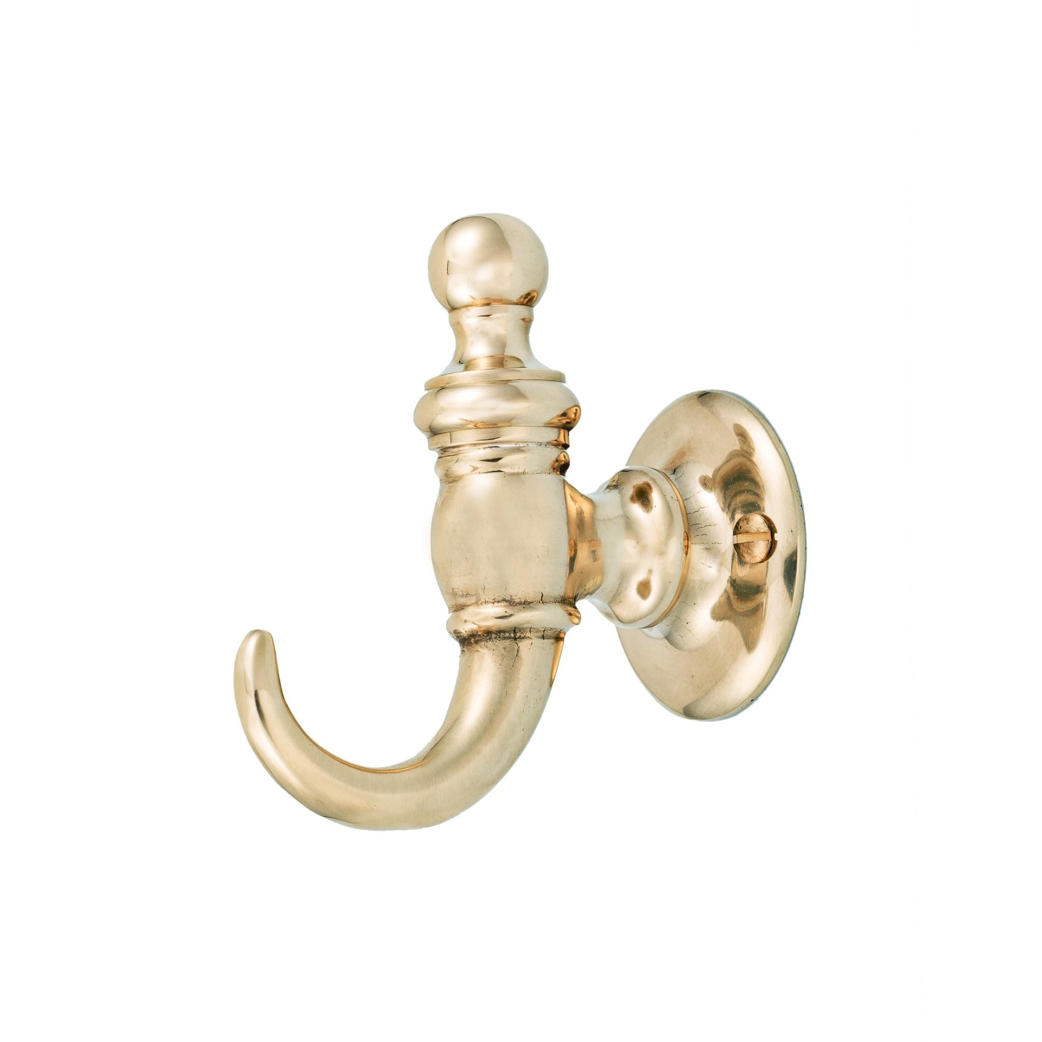 A coat hook made of solid brass, designed in the shape of a horn. The hook has a smooth, polished surface and a sturdy construction, combining functionality with a unique and decorative design. Ideal for hanging coats, hats, or bags in any room.