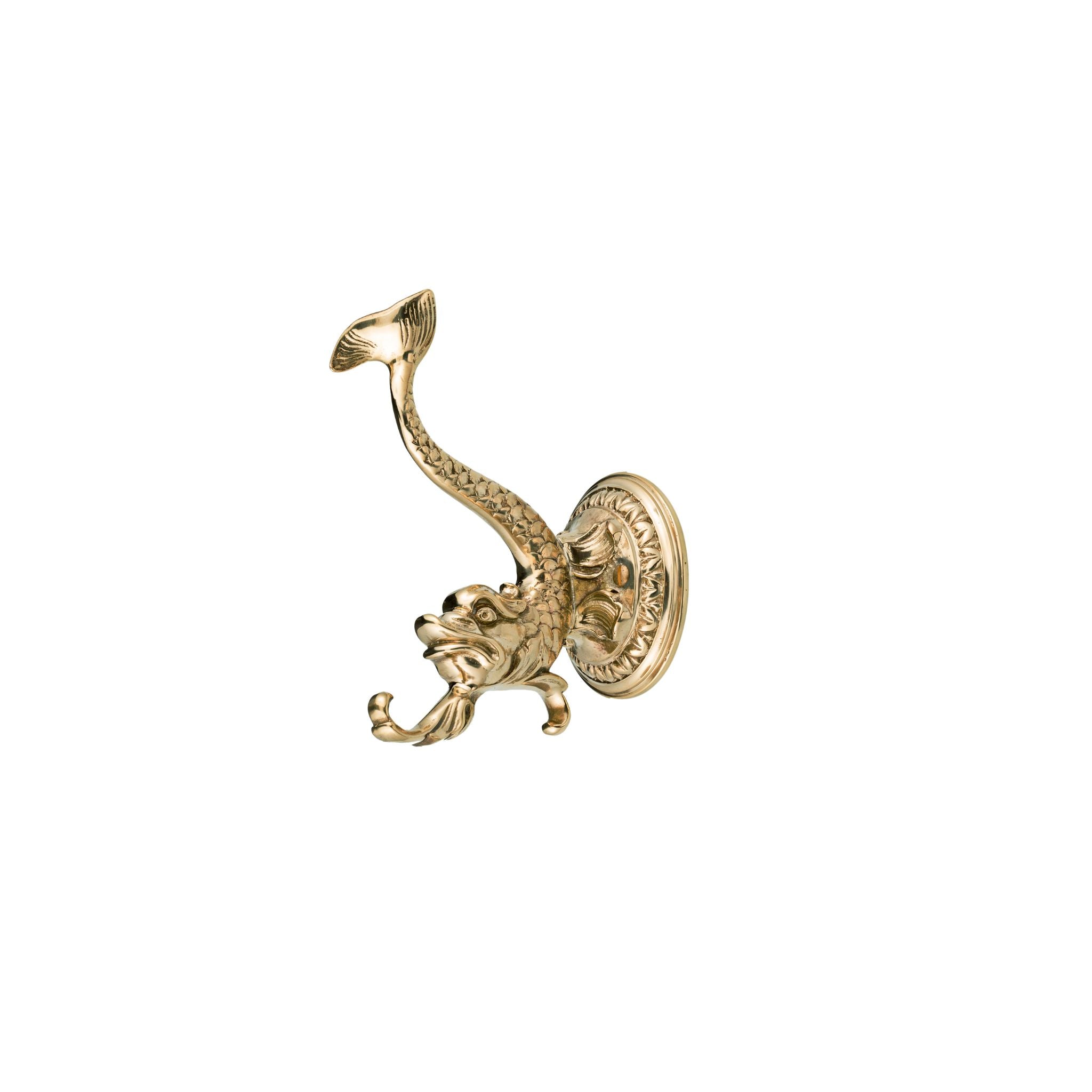 A coat hook made of solid brass, designed in the shape of a dolphin with smooth, flowing curves. The polished finish adds a warm metallic sheen, while the playful yet elegant design makes it perfect for hanging coats, hats, or accessories in any space.