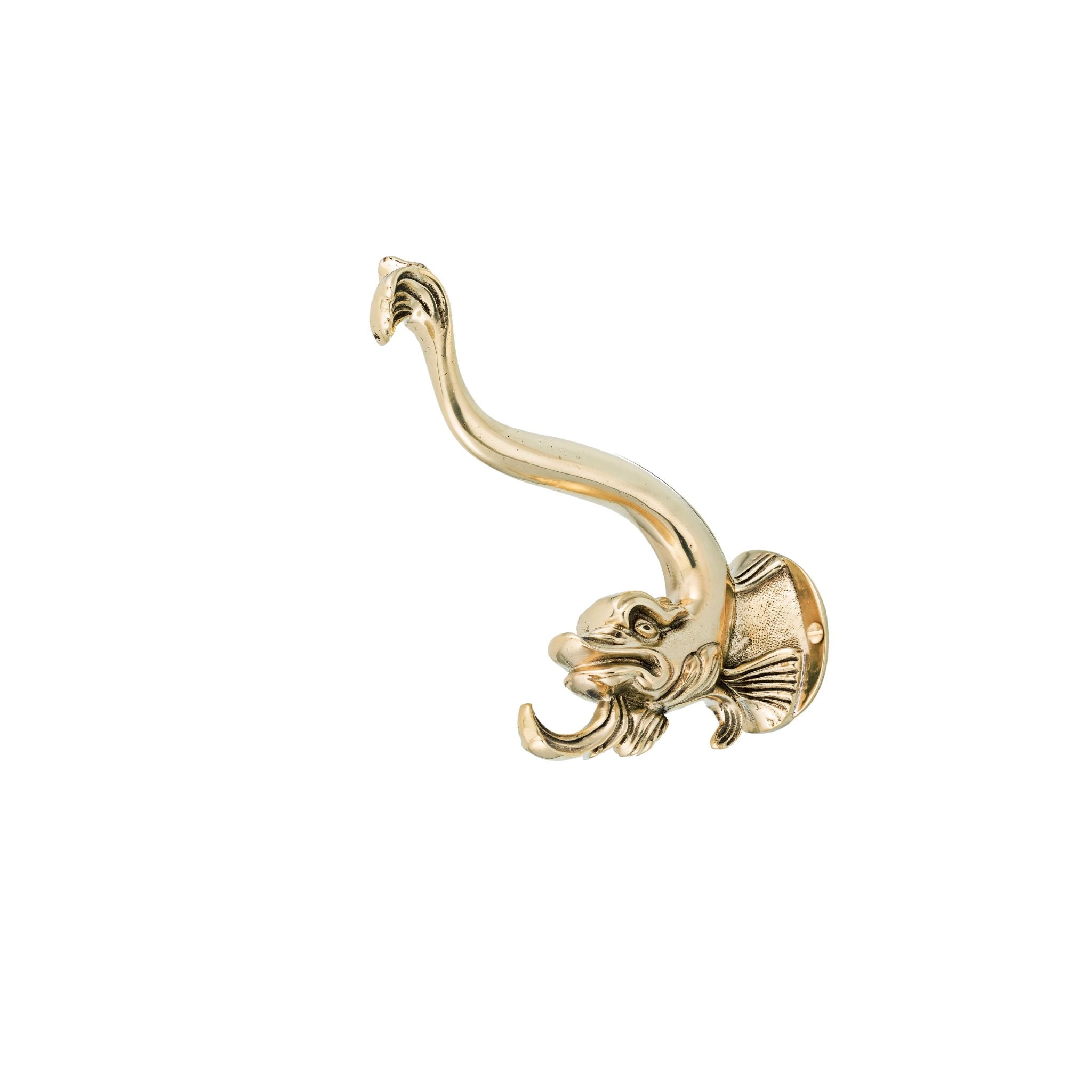 A coat hook crafted from solid brass, designed in the shape of a sleek and detailed dolphin. The hook has a polished finish with smooth curves, combining functionality with a playful yet elegant design. Ideal for hanging coats, hats, or accessories while adding a unique touch to any space.