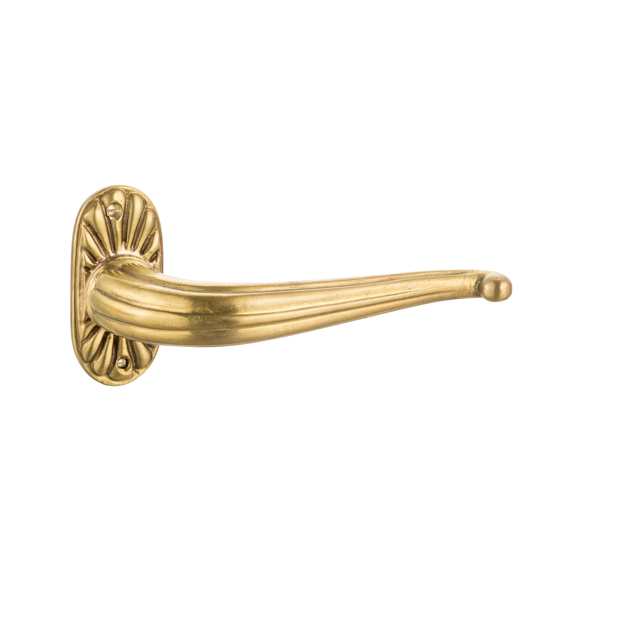 This door handle is made from solid brass with a distinctive grooved design. The grooves provide a textured feel, making the handle easy and comfortable to grip. It has a smooth, polished surface with a warm metallic finish, adding a refined touch to any door. This handle suits both traditional and contemporary spaces, offering both style and functionality