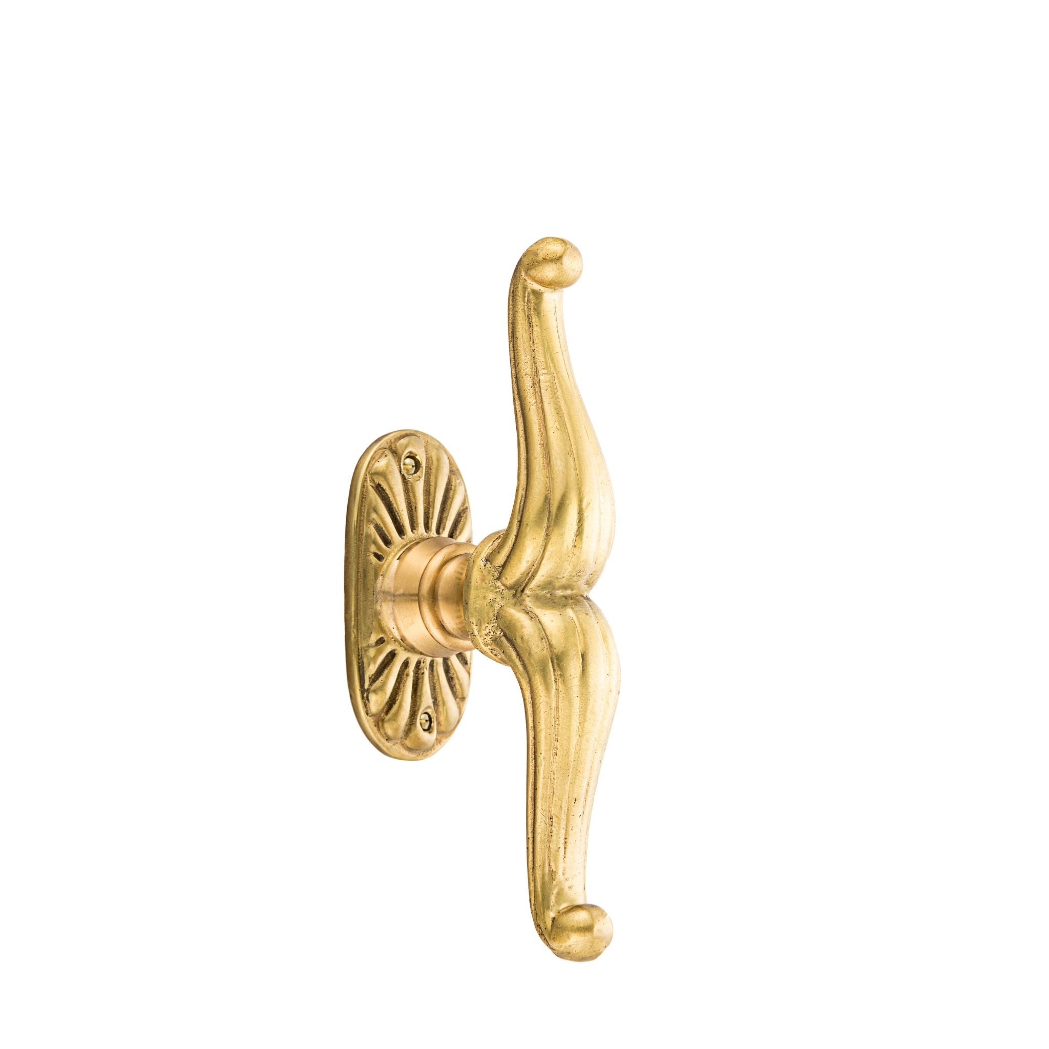 This window handle is a double design made from solid brass with a grooved texture. The grooves provide a tactile, textured surface, making it comfortable and secure to grip. The handle has a warm, polished metallic finish, giving it a classic yet stylish feel. It’s suitable for adding a touch of elegance to both traditional and modern window settings.