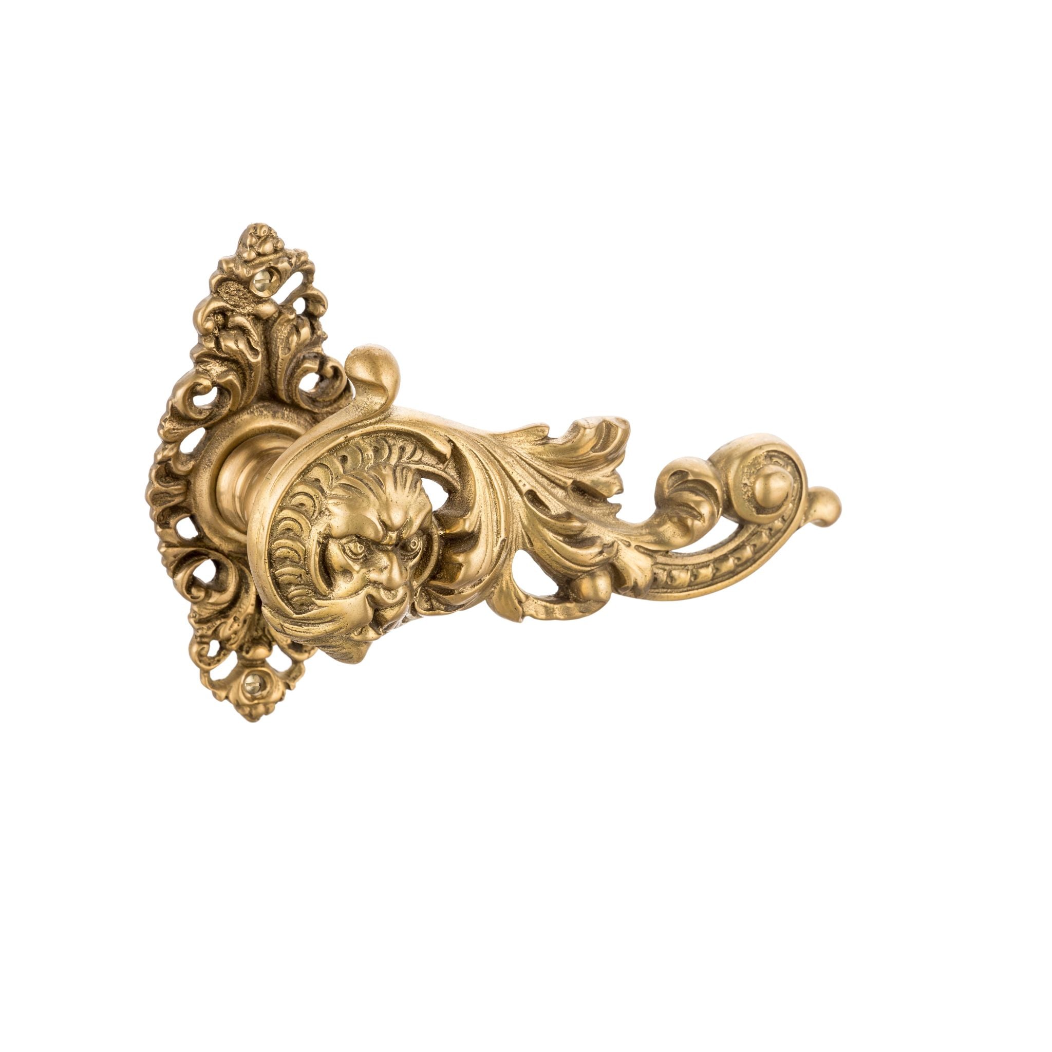 This door handle is made from solid brass and decorated with intricate, detailed accents. The design includes fine, raised patterns that provide a textured feel, making it both elegant and easy to grip. The polished brass surface feels smooth and warm to the touch, adding a refined and sophisticated look to any door. This handle is suitable for enhancing both classic and modern interiors.