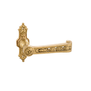 This is a brass door handle featuring a refined leaf design, inspired by nature’s elegance. The handle has a smooth, polished brass finish with a warm golden color and a cool, sleek feel to the touch. The raised leaf motif creates a textured, intricate pattern that can be felt under the fingers, adding both visual and tactile interest. Its ergonomic shape ensures a comfortable and secure grip, blending functionality with a graceful, organic style that enhances any door.