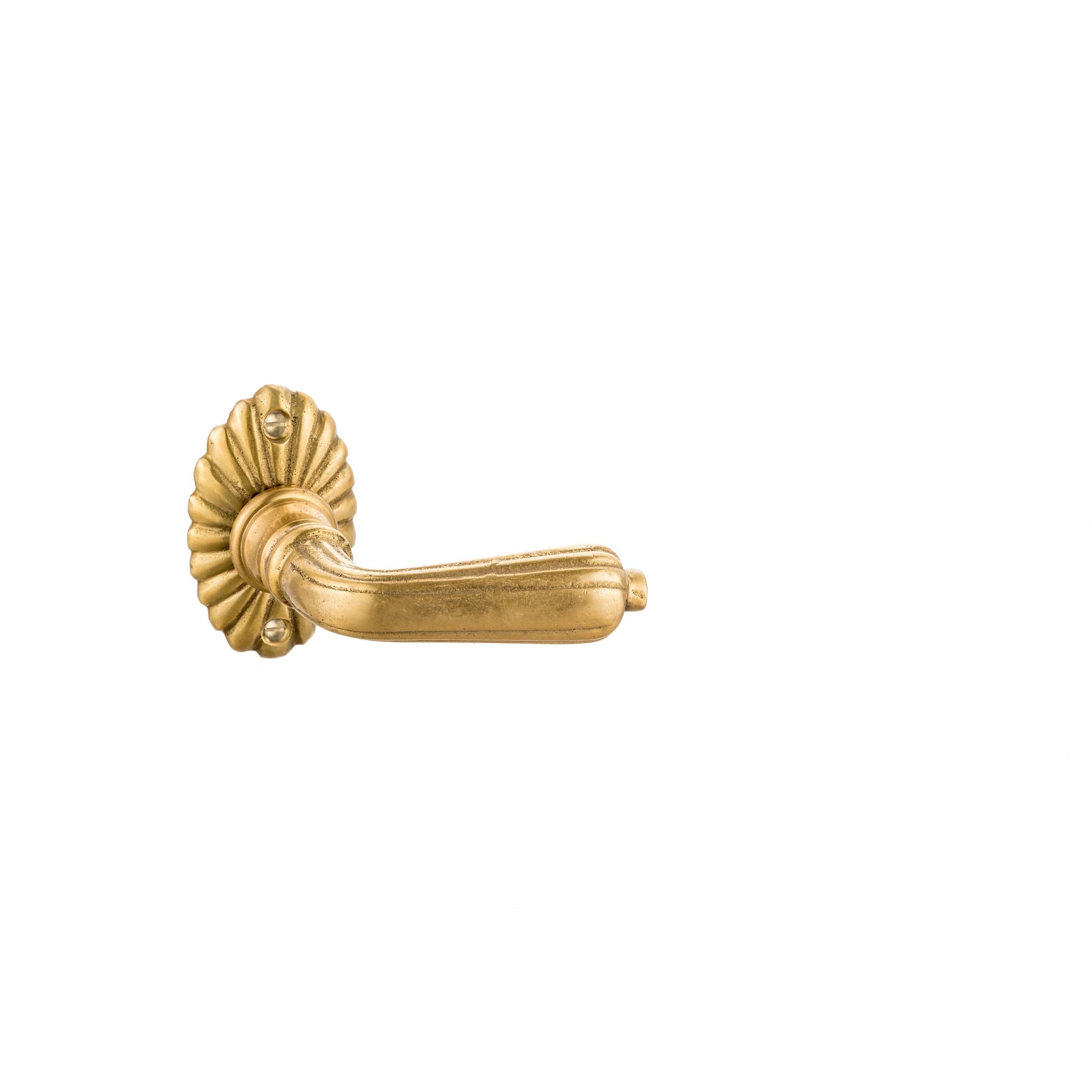 This small door handle is made from solid brass with a fluted, textured design. Its compact size and rounded shape fit comfortably in the hand, while the fluted grooves provide a gentle grip. The brass material has a warm, traditional feel, often associated with elegance and longevity. This handle is both practical and decorative, adding a sophisticated accent to any door.