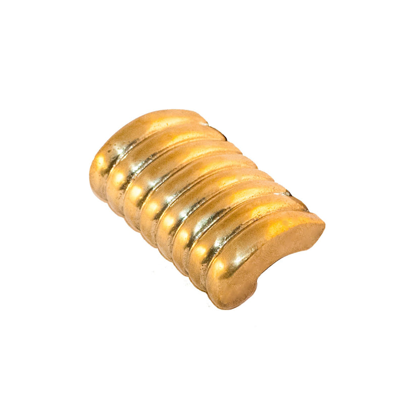 An image of a small ribbed brass knob against a neutral background. The knob features fine grooves along its surface, adding texture and style to furniture or drawers.