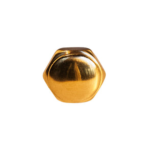 A polished hexagonal brass knob with a modern and elegant design, suitable for cabinets, drawers, and doors.