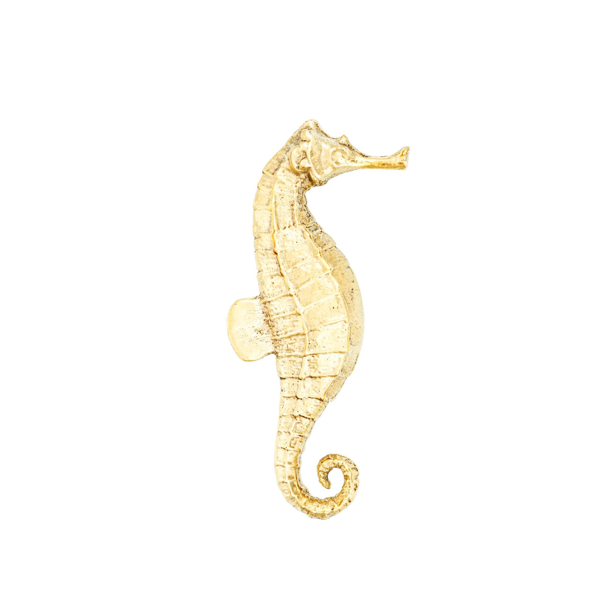 A detailed brass knob shaped like a seahorse, perfect for enhancing your decor with coastal charm.