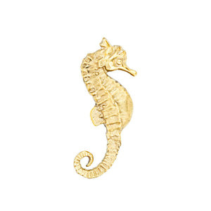 A brass knob shaped like an elongated seahorse, perfect for adding coastal charm to your decor.