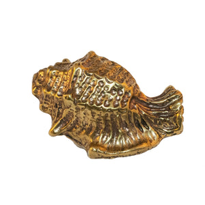 Image of the Livorno Brass Shell-Shaped Knob. This decorative knob is crafted from solid brass and features an intricate design that resembles a seashell. The polished brass finish adds an elegant and sophisticated touch. Suitable for use on cabinets, drawers, and doors, it enhances furniture with a coastal charm.