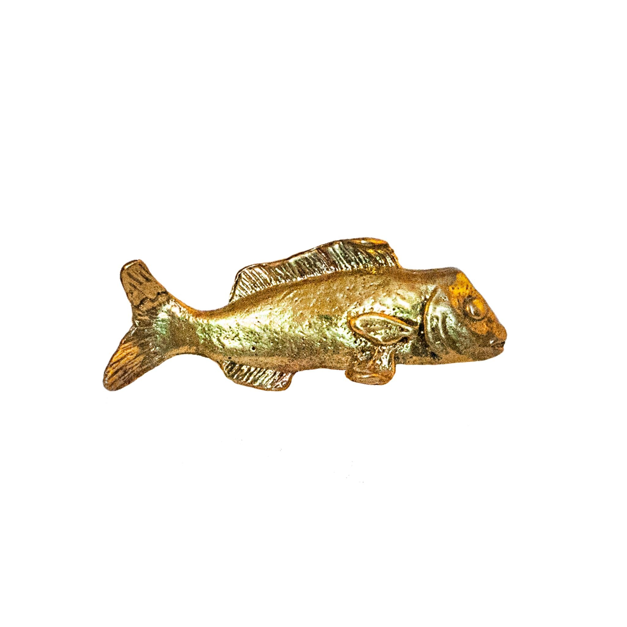 Brass Manarola fish-shaped knob, featuring intricate detailing and a polished finish, perfect for adding coastal charm to cabinets and drawers.