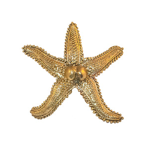 Image of the Panarea Brass Starfish-Shaped Knob. This decorative knob is crafted from solid brass and features an intricate design resembling a starfish. The polished brass finish adds an elegant touch. Suitable for cabinets, drawers, and doors, it brings a coastal charm to any piece of furniture.